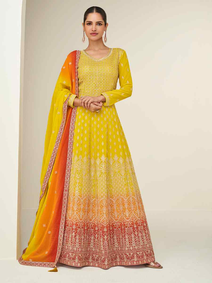 Multi Premium Georgette Embroidered Festival Casual Wedding Gown Women Wear