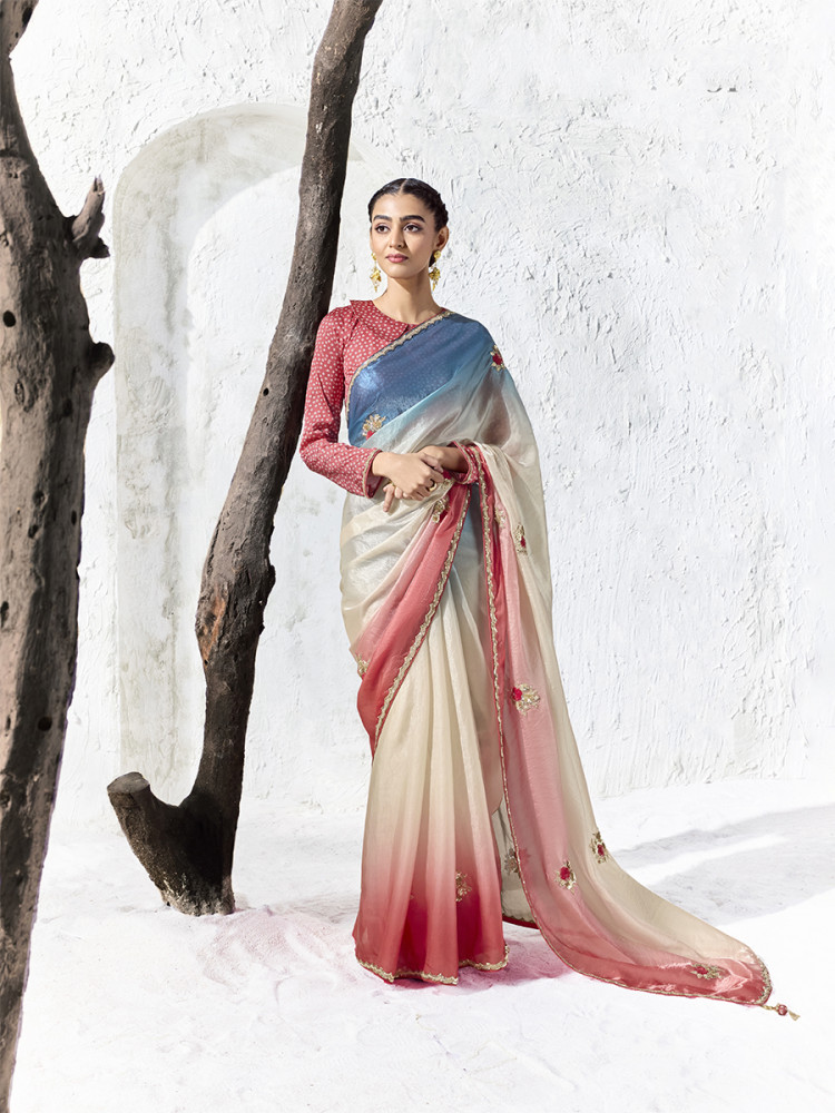 Image of Multi Premium Luxe Silk Organza Embroidery Sequins Wedding Reception Party Festival Casual Heavy Border Sarees