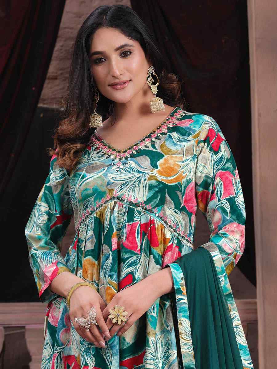 Multi Premium Rayon Embroidered Festival Mehendi Ready Pant Salwar Kameez