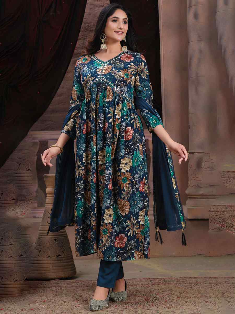 Multi Premium Rayon Embroidered Festival Mehendi Ready Pant Salwar Kameez