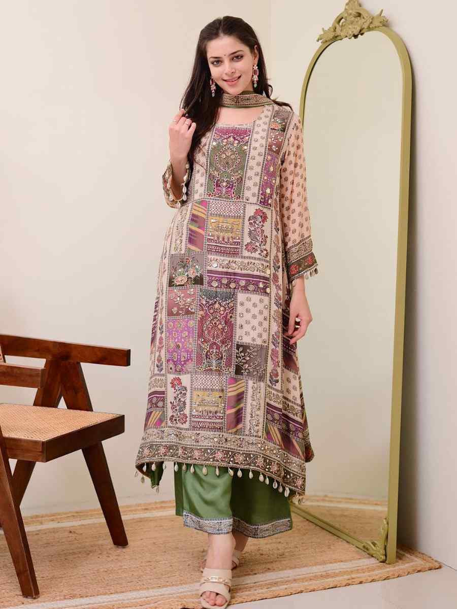 Multi Pure Chinon Embroidered Festival Casual Ready Pant Salwar Kameez