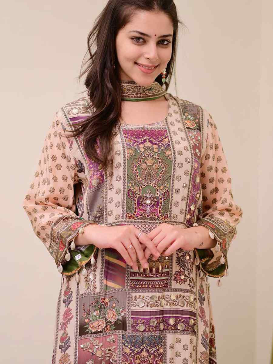Multi Pure Chinon Embroidered Festival Casual Ready Pant Salwar Kameez