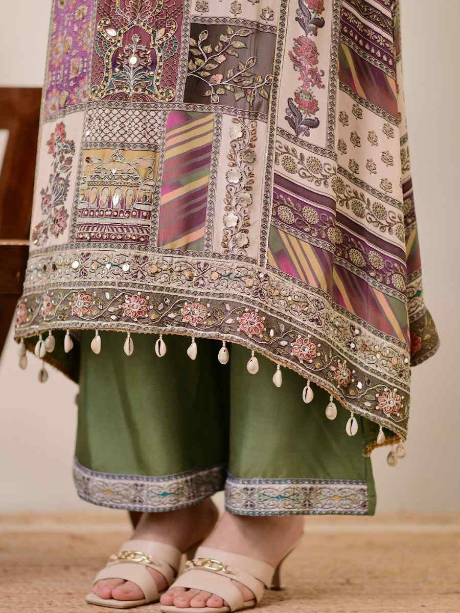 Multi Pure Chinon Embroidered Festival Casual Ready Pant Salwar Kameez