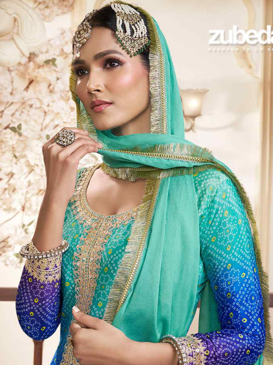 Multi Pure Chinon Silk Embroidered Festival Wedding Ready Sharara Pant Salwar Kameez