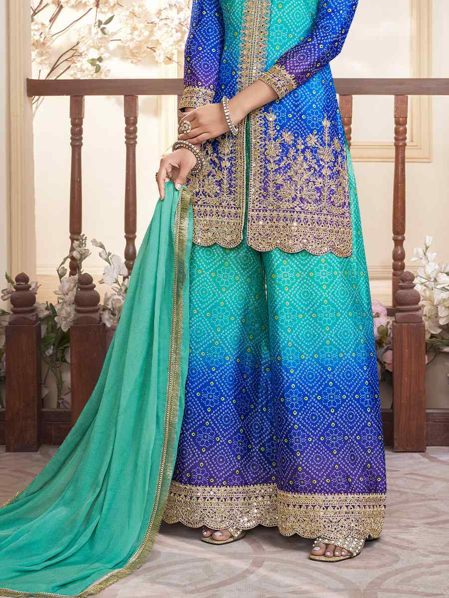Multi Pure Chinon Silk Embroidered Festival Wedding Ready Sharara Pant Salwar Kameez