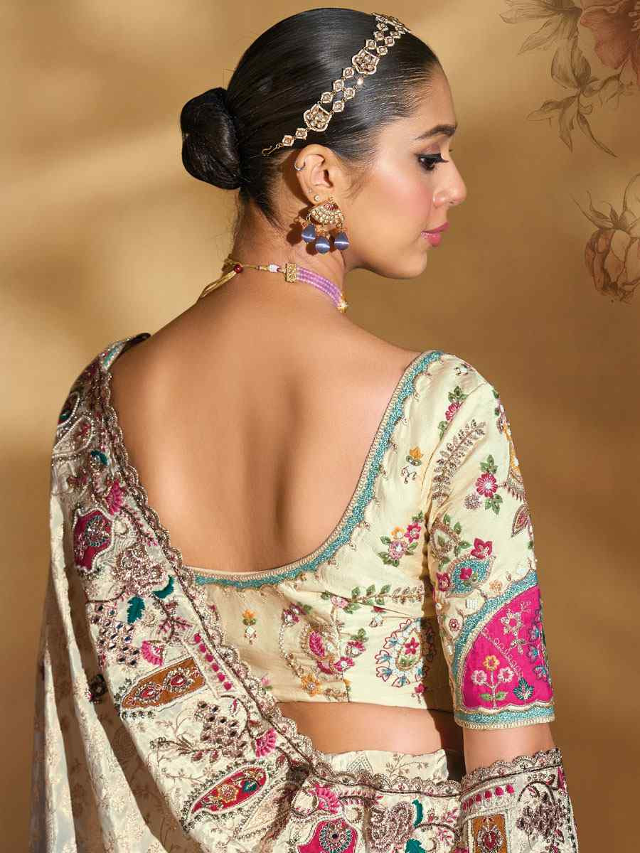 Multi Pure Crepe Embroidery Traditional Bridal Reception Festival Wedding Fancy Heavy Border Saree