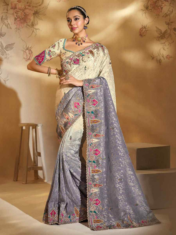 Image of Multi Pure Crepe Embroidery Traditional Bridal Reception Festival Wedding Fancy Heavy Border Saree