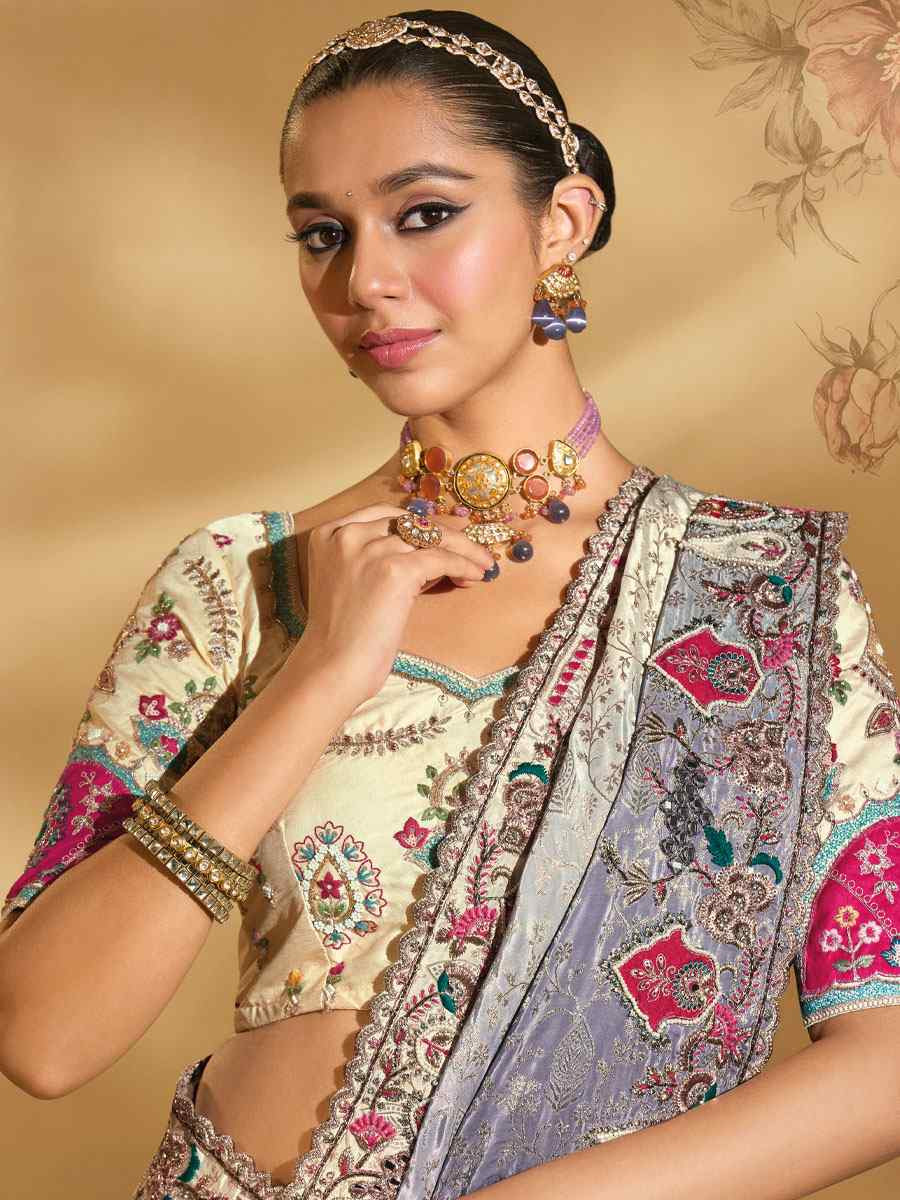 Multi Pure Crepe Embroidery Traditional Bridal Reception Festival Wedding Fancy Heavy Border Saree