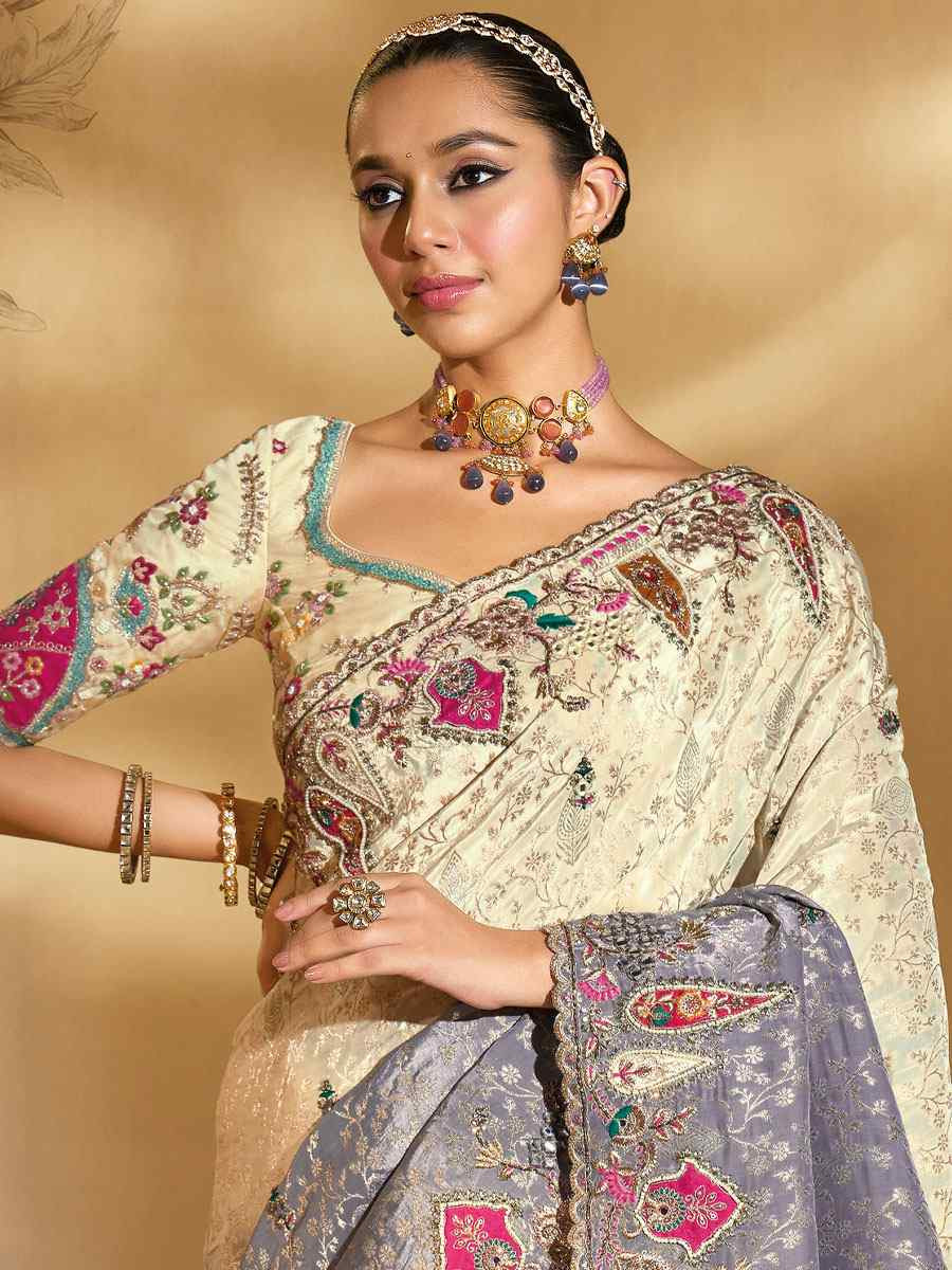 Multi Pure Crepe Embroidery Traditional Bridal Reception Festival Wedding Fancy Heavy Border Saree