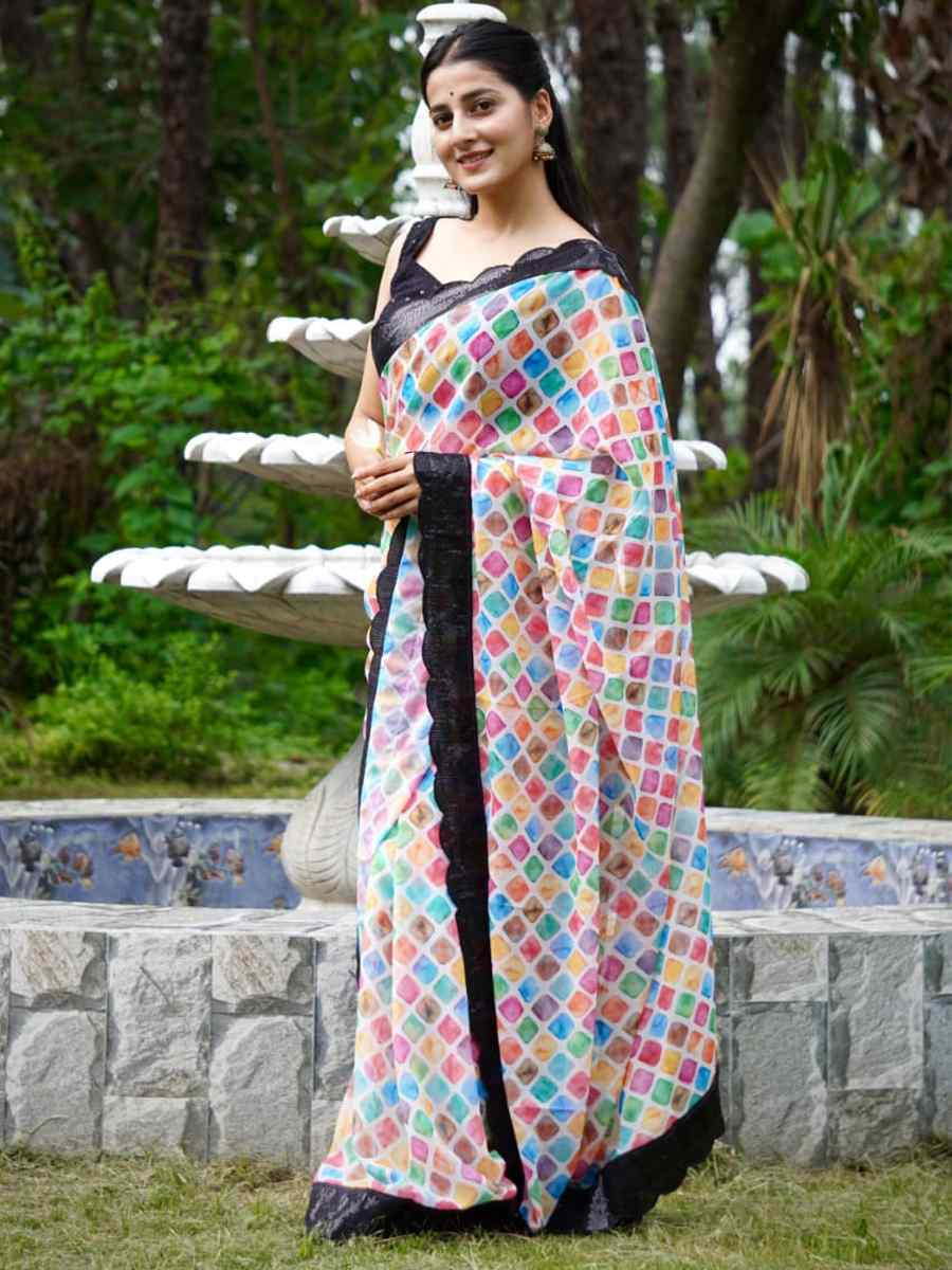 Multi Pure Georgette Embroidered Festival Wedding Fancy Heavy Border Saree