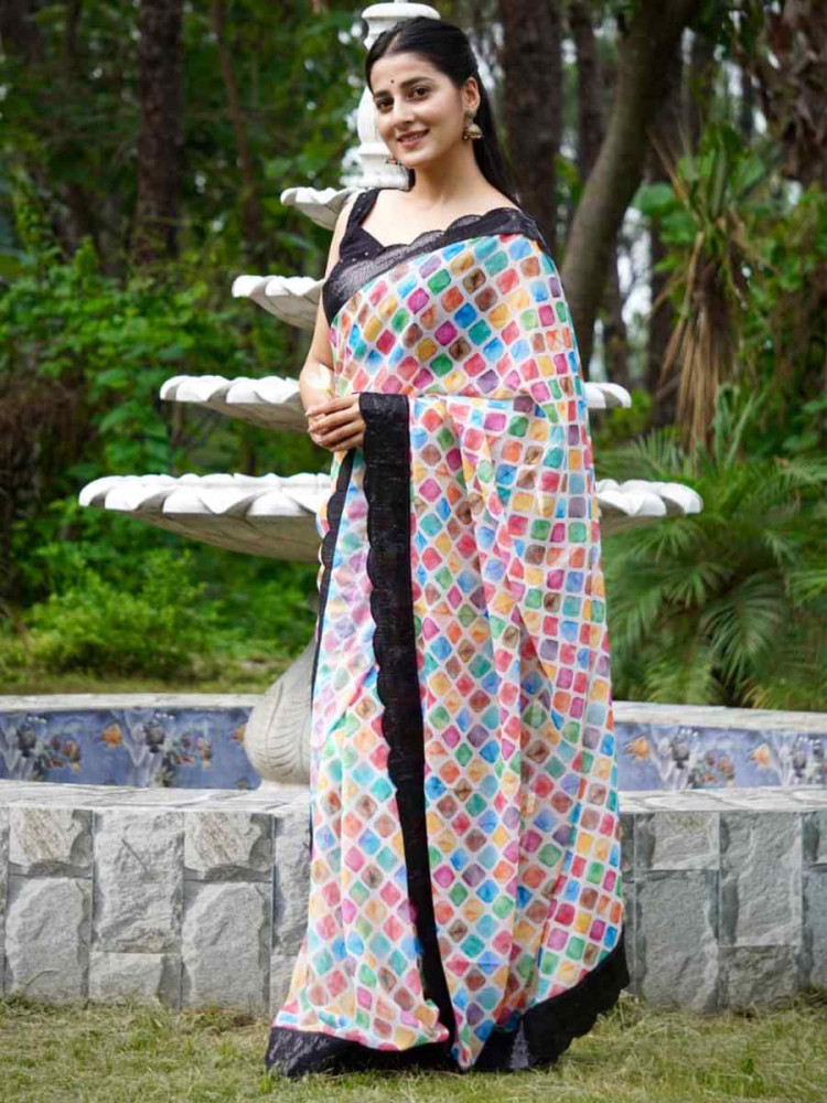 Multi Pure Georgette Embroidered Festival Wedding Fancy Heavy Border Saree