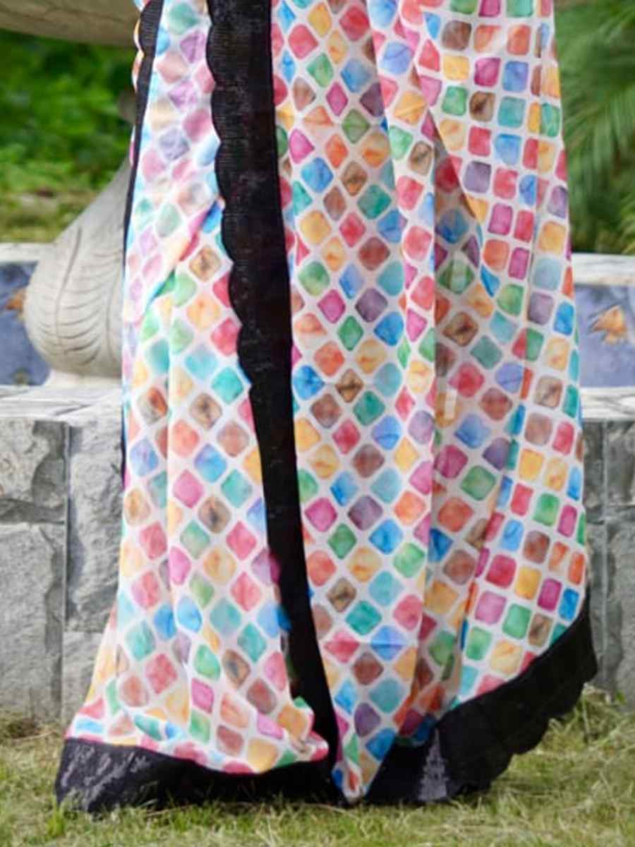 Multi Pure Georgette Embroidered Festival Wedding Fancy Heavy Border Saree