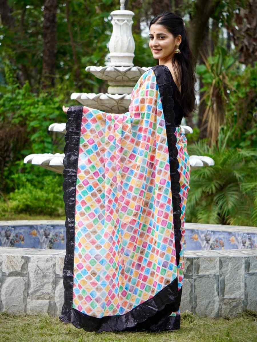 Multi Pure Georgette Embroidered Festival Wedding Fancy Heavy Border Saree