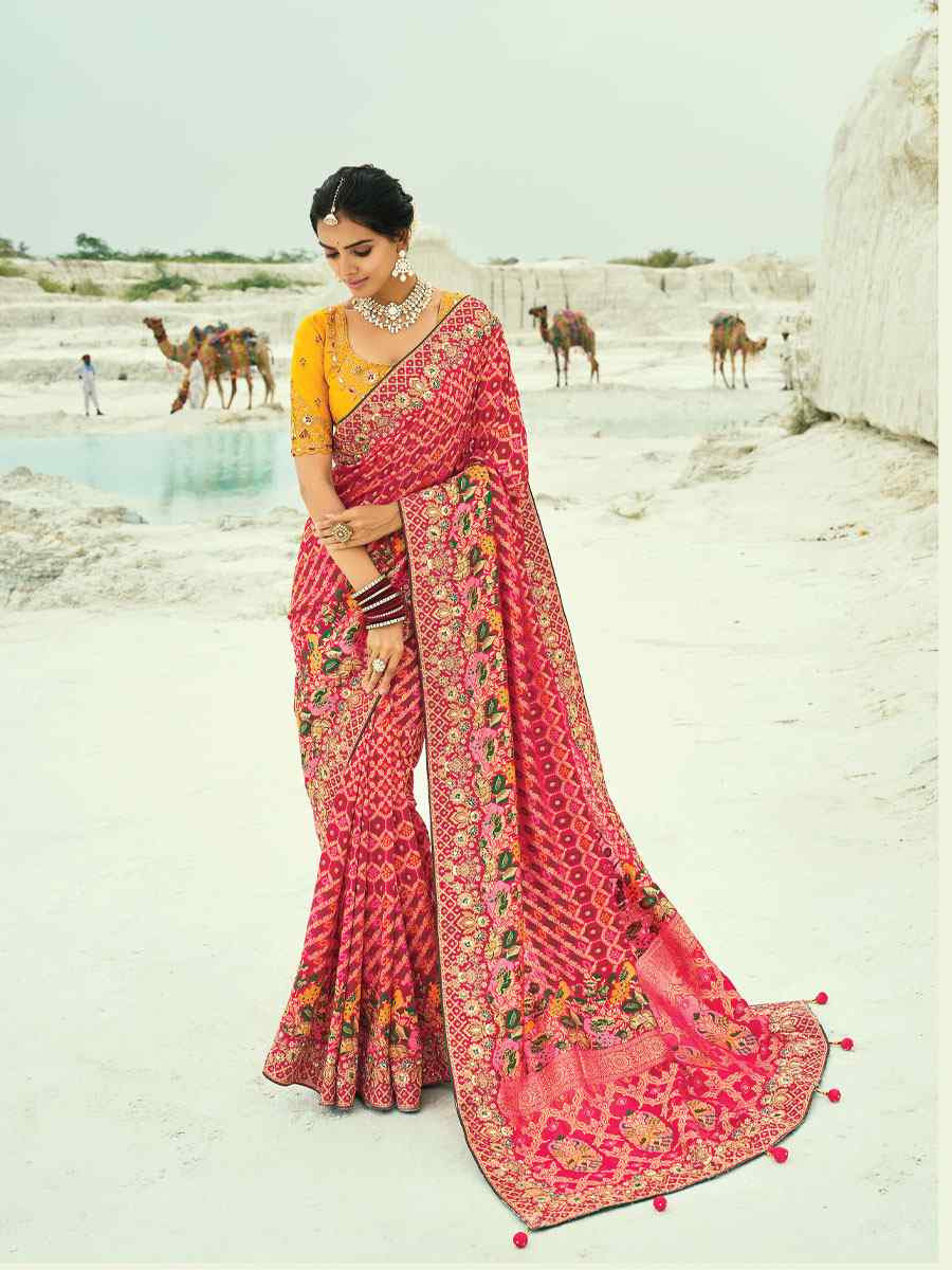 Multi Pure Georgette Handwoven Embroidery Bridal Festival Wedding Traditional Fancy Heavy Border Sarees