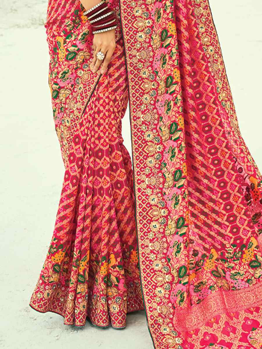 Multi Pure Georgette Handwoven Embroidery Bridal Festival Wedding Traditional Fancy Heavy Border Sarees