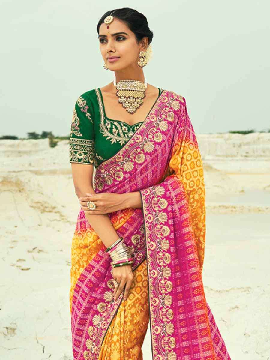 Multi Pure Georgette Handwoven Embroidery Bridal Festival Wedding Traditional Fancy Heavy Border Sarees