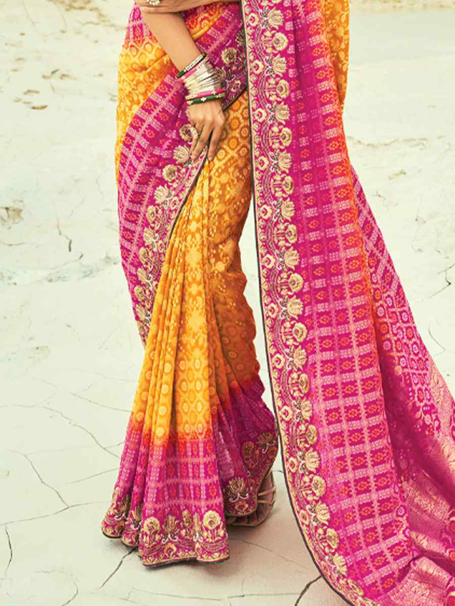 Multi Pure Georgette Handwoven Embroidery Bridal Festival Wedding Traditional Fancy Heavy Border Sarees