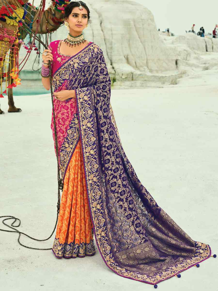 Multi Pure Georgette Handwoven Embroidery Bridal Festival Wedding Traditional Fancy Heavy Border Sarees