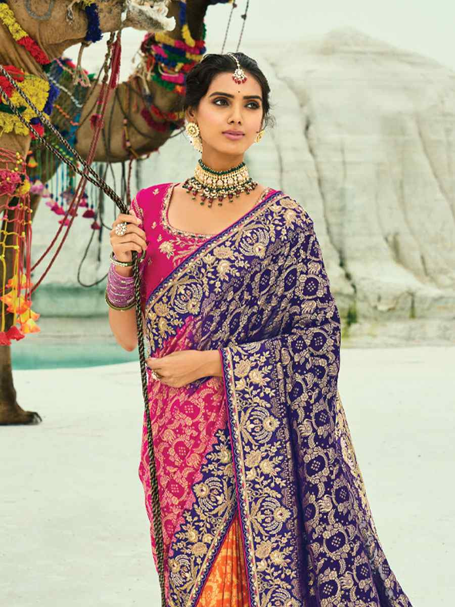 Multi Pure Georgette Handwoven Embroidery Bridal Festival Wedding Traditional Fancy Heavy Border Sarees