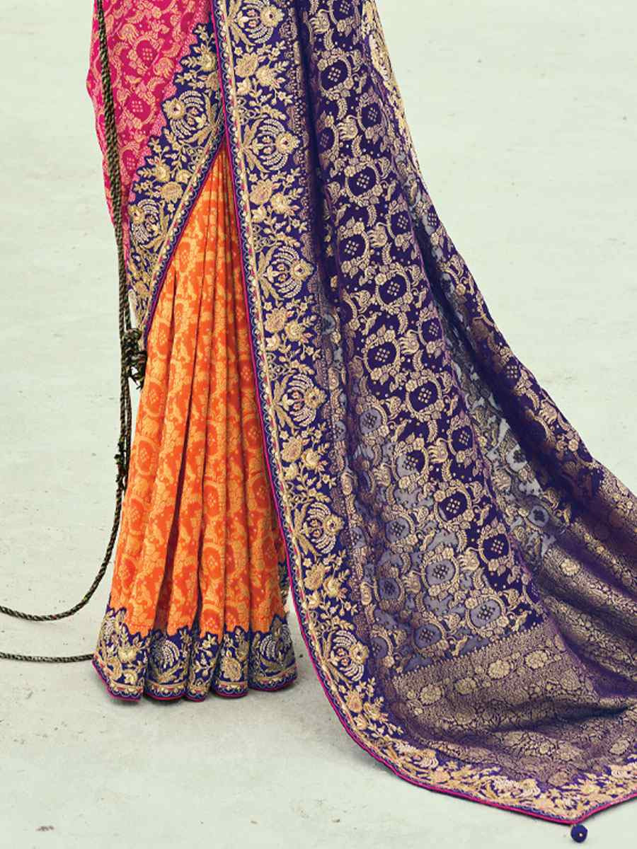 Multi Pure Georgette Handwoven Embroidery Bridal Festival Wedding Traditional Fancy Heavy Border Sarees