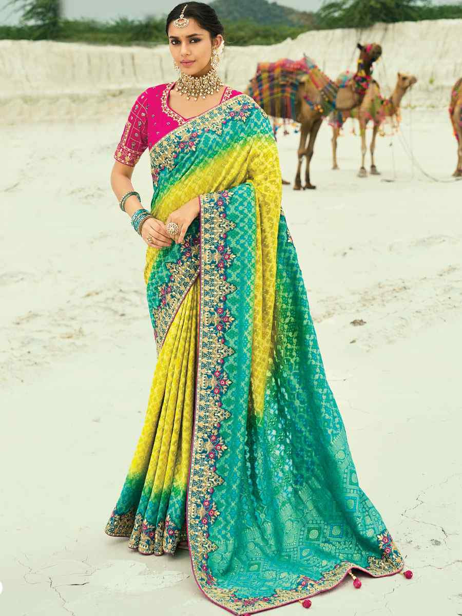 Multi Pure Georgette Handwoven Embroidery Bridal Festival Wedding Traditional Fancy Heavy Border Sarees