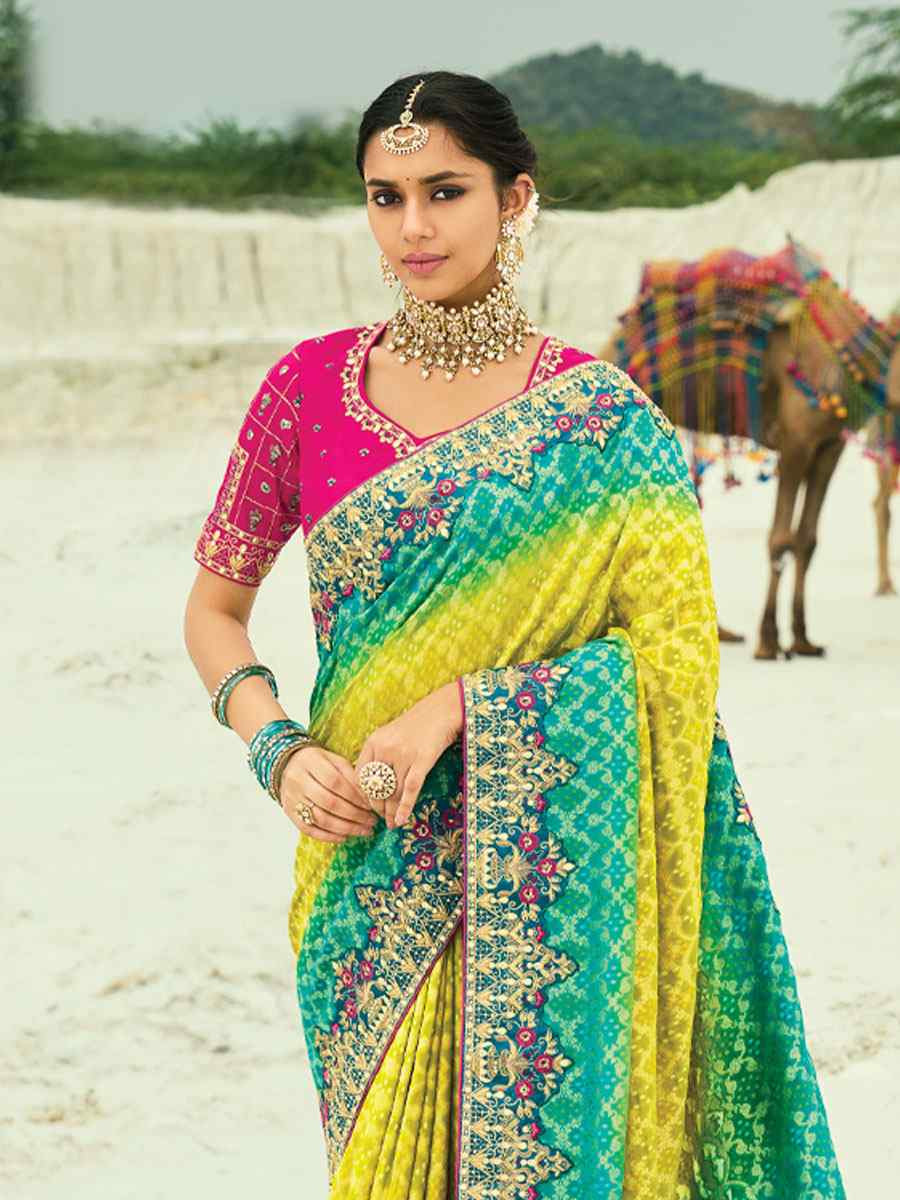 Multi Pure Georgette Handwoven Embroidery Bridal Festival Wedding Traditional Fancy Heavy Border Sarees