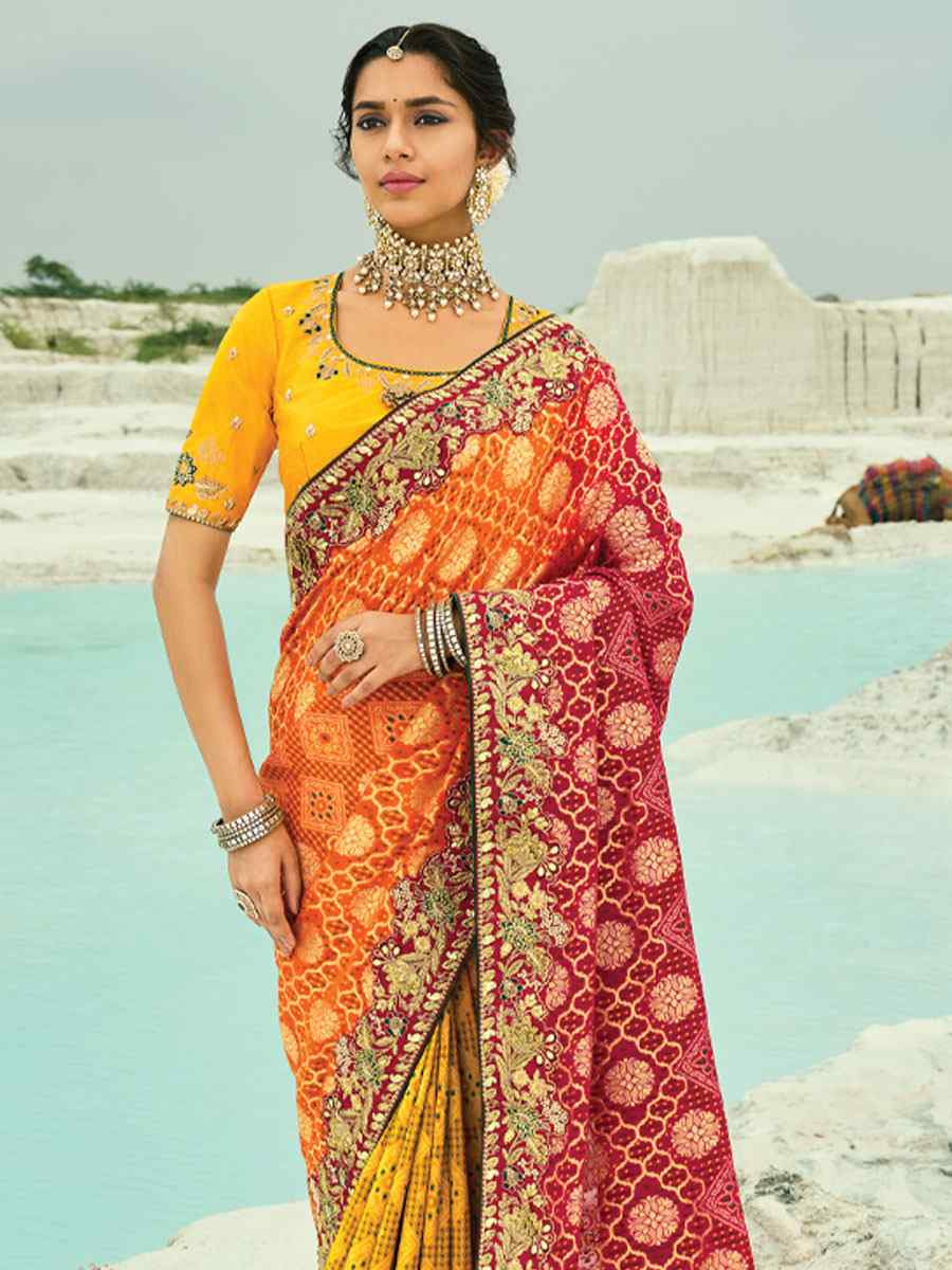 Multi Pure Georgette Handwoven Embroidery Bridal Festival Wedding Traditional Fancy Heavy Border Sarees