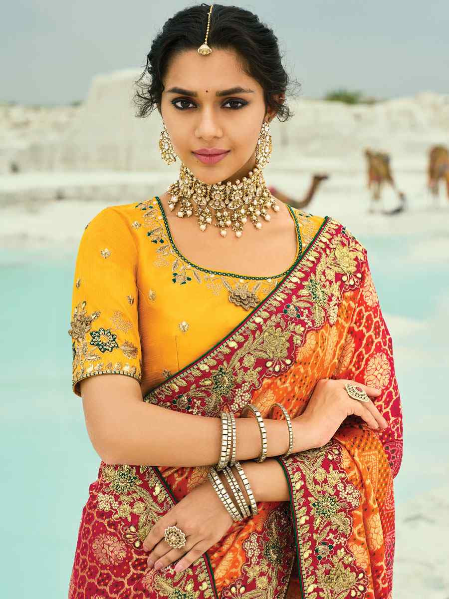 Multi Pure Georgette Handwoven Embroidery Bridal Festival Wedding Traditional Fancy Heavy Border Sarees