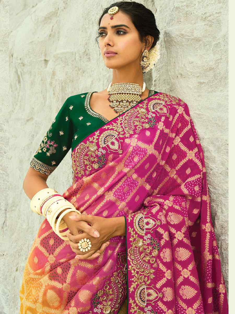 Multi Pure Georgette Handwoven Embroidery Bridal Festival Wedding Traditional Fancy Heavy Border Sarees