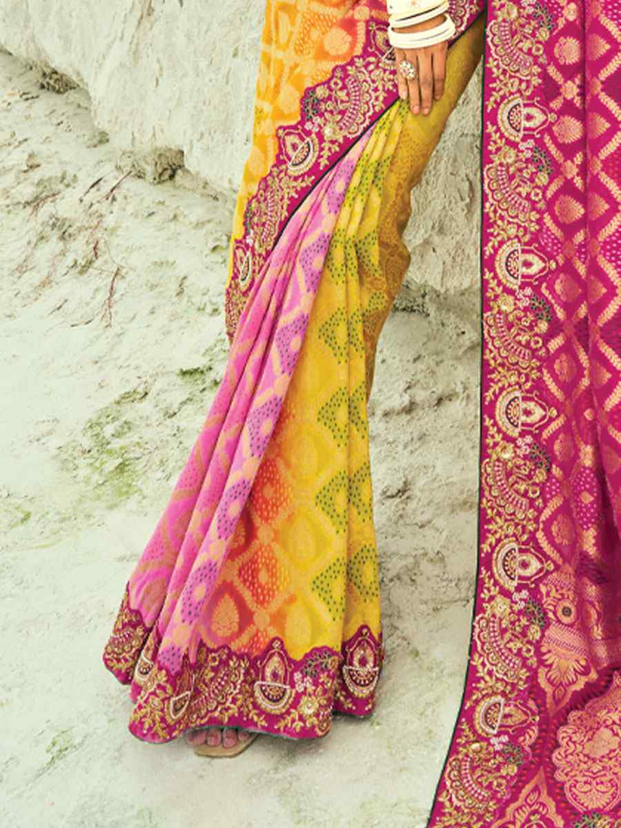 Multi Pure Georgette Handwoven Embroidery Bridal Festival Wedding Traditional Fancy Heavy Border Sarees