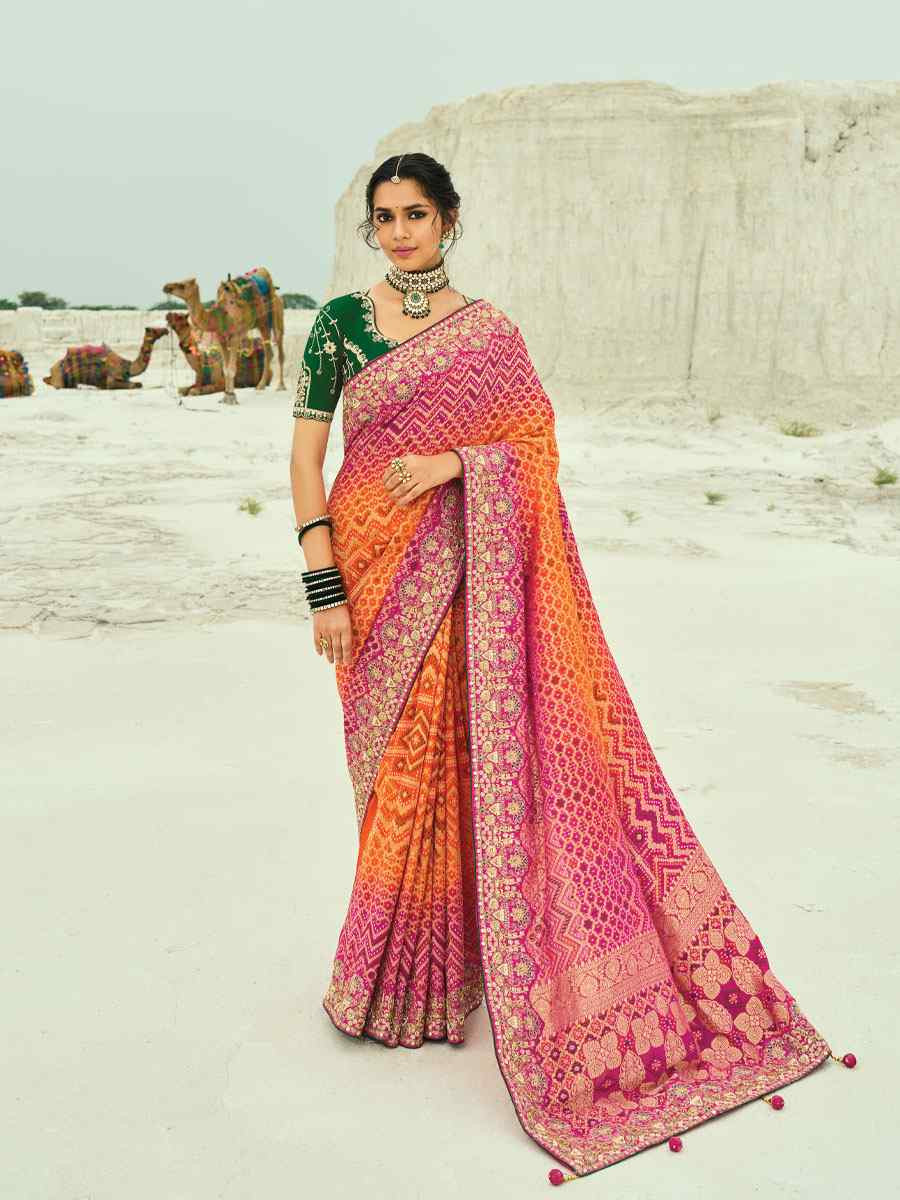 Multi Pure Georgette Handwoven Embroidery Bridal Festival Wedding Traditional Fancy Heavy Border Sarees