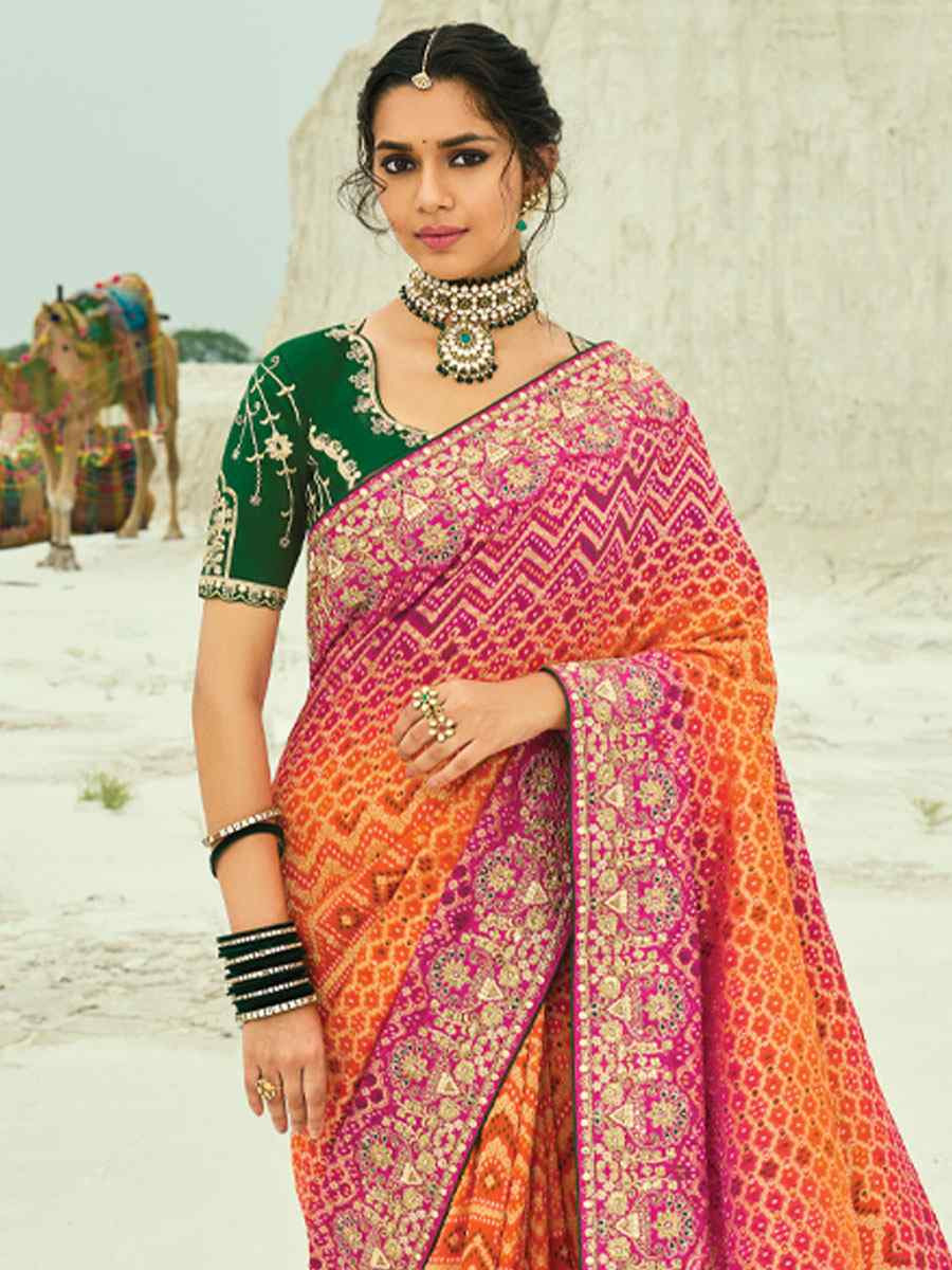 Multi Pure Georgette Handwoven Embroidery Bridal Festival Wedding Traditional Fancy Heavy Border Sarees