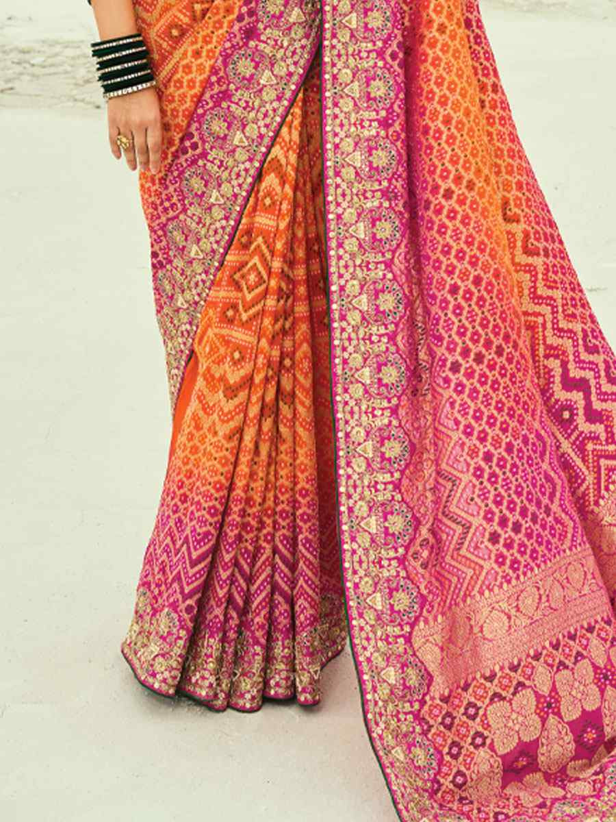 Multi Pure Georgette Handwoven Embroidery Bridal Festival Wedding Traditional Fancy Heavy Border Sarees