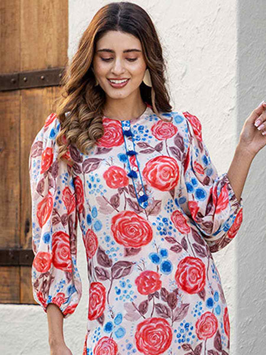 Multi Pure Muslin Printed Festival Casual Kurti With Bottom