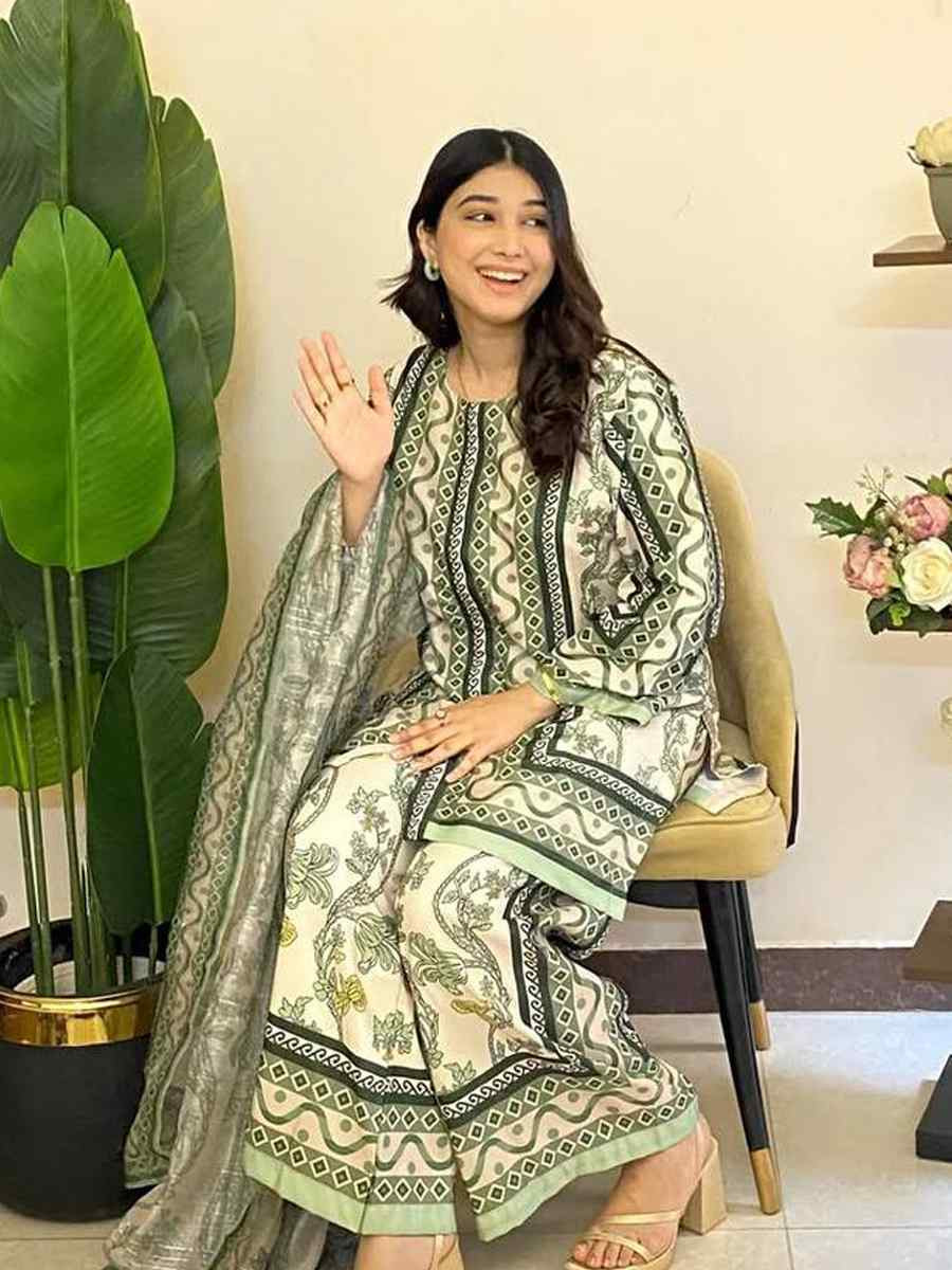 Multi Pure Natural Crepe Printed Mehendi Wedding Ready Palazzo Pant Salwar Kameez