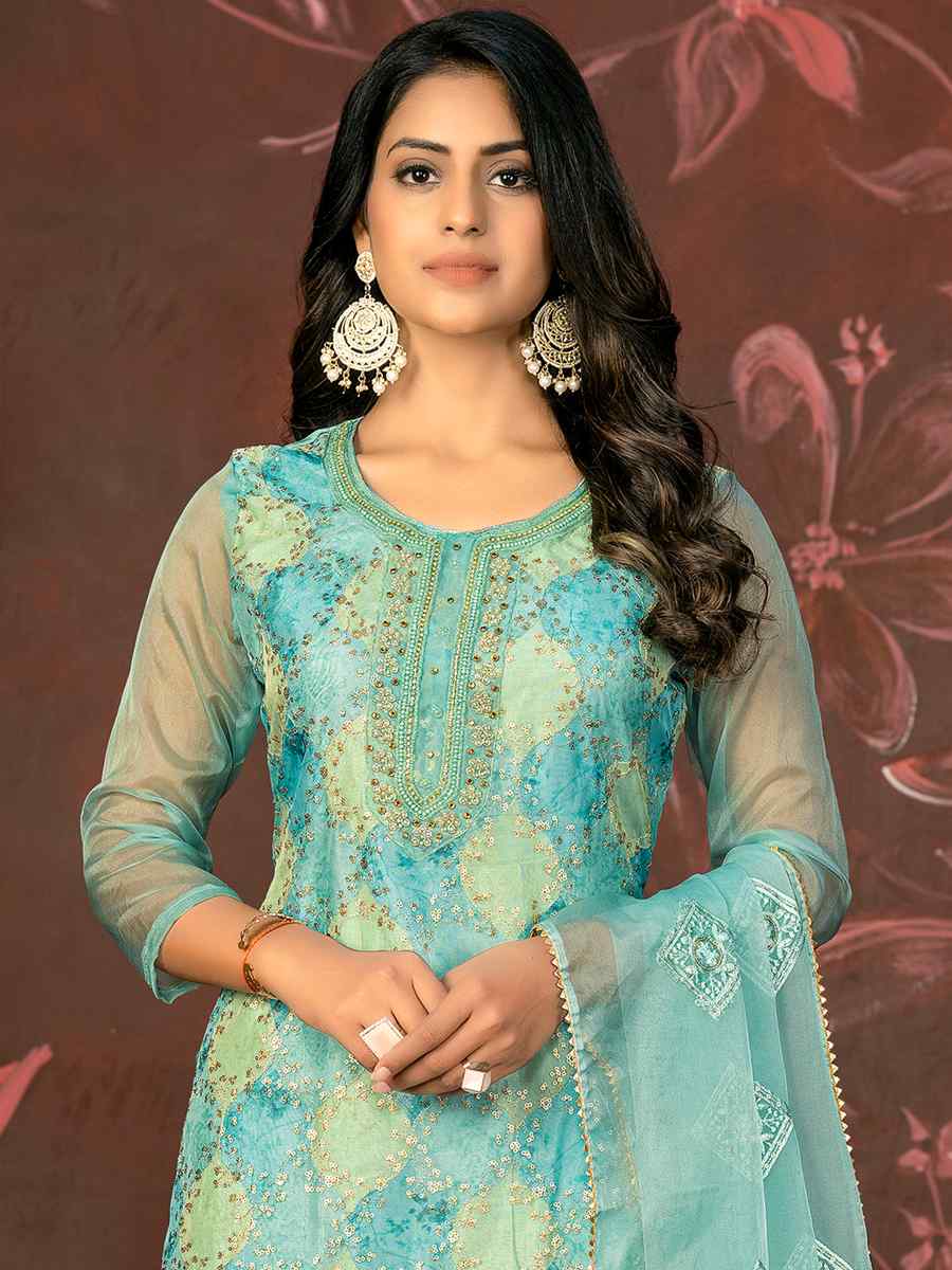 Multi Pure Organza Embroidered Casual Festival Pant Salwar Kameez