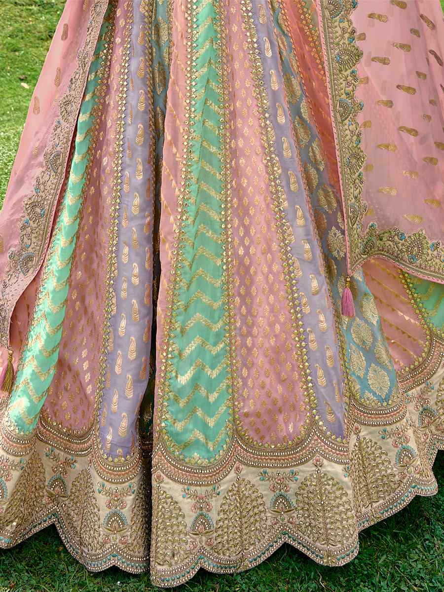Multi Pure Raw Silk Embroidered Bridal Wedding Heavy Border Lehenga Choli