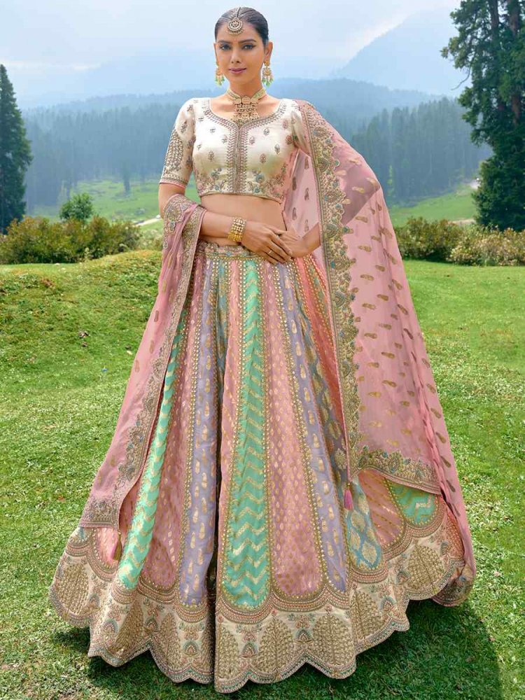 Multi Pure Raw Silk Embroidered Bridal Wedding Heavy Border Lehenga Choli