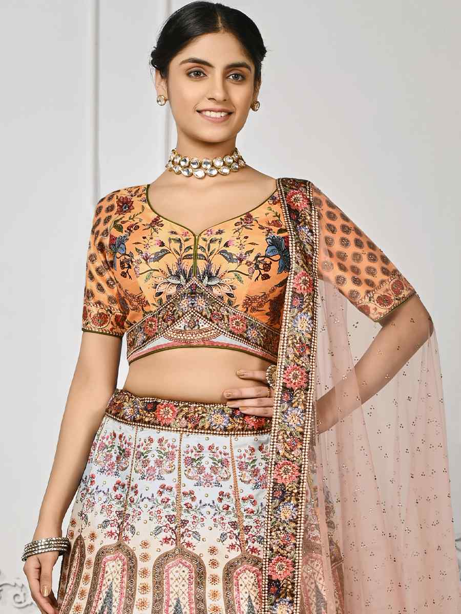 Multi Pure Satin Silk Embroidered Mehendi Festival Circular Lehenga Choli