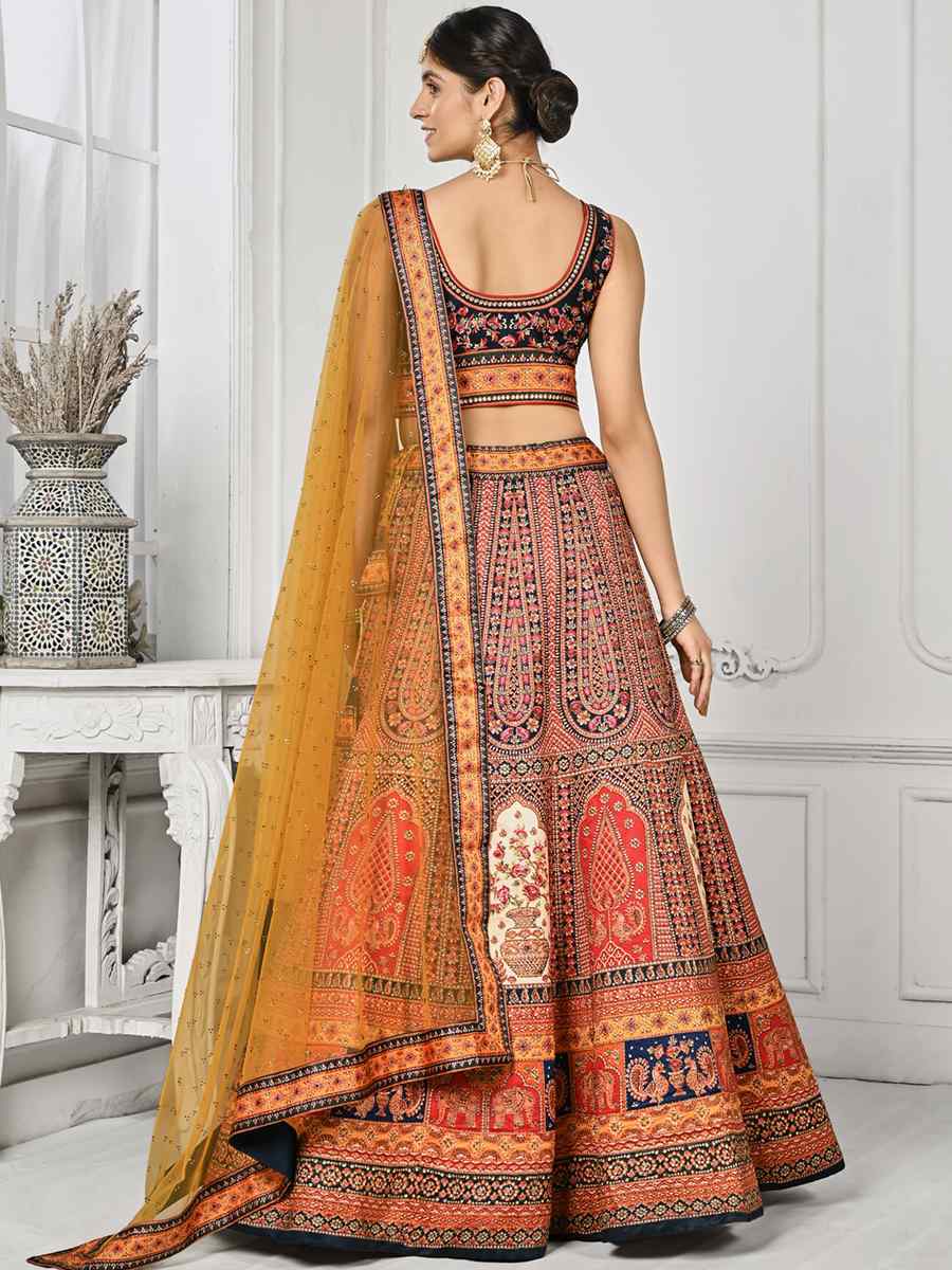 Multi Pure Satin Silk Embroidered Mehendi Festival Circular Lehenga Choli