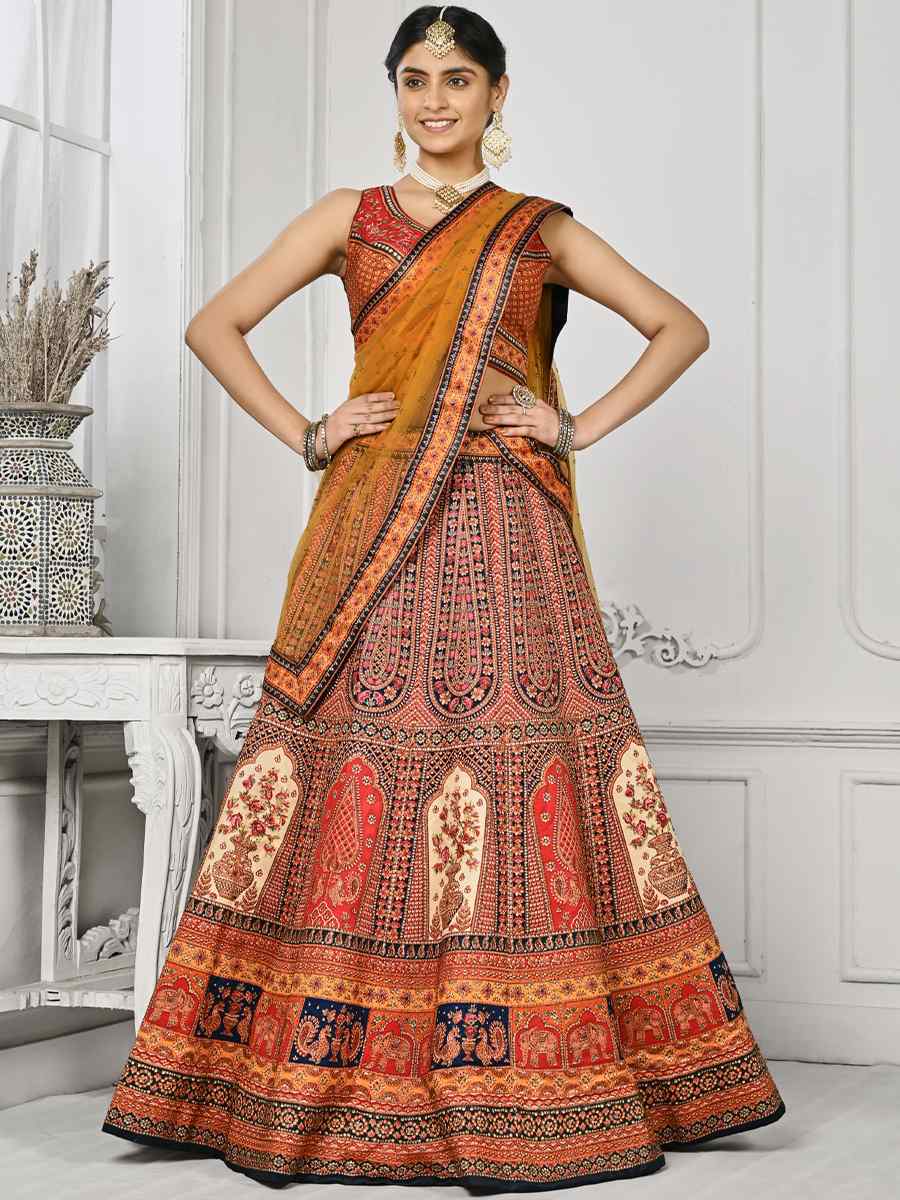 Multi Pure Satin Silk Embroidered Mehendi Festival Circular Lehenga Choli