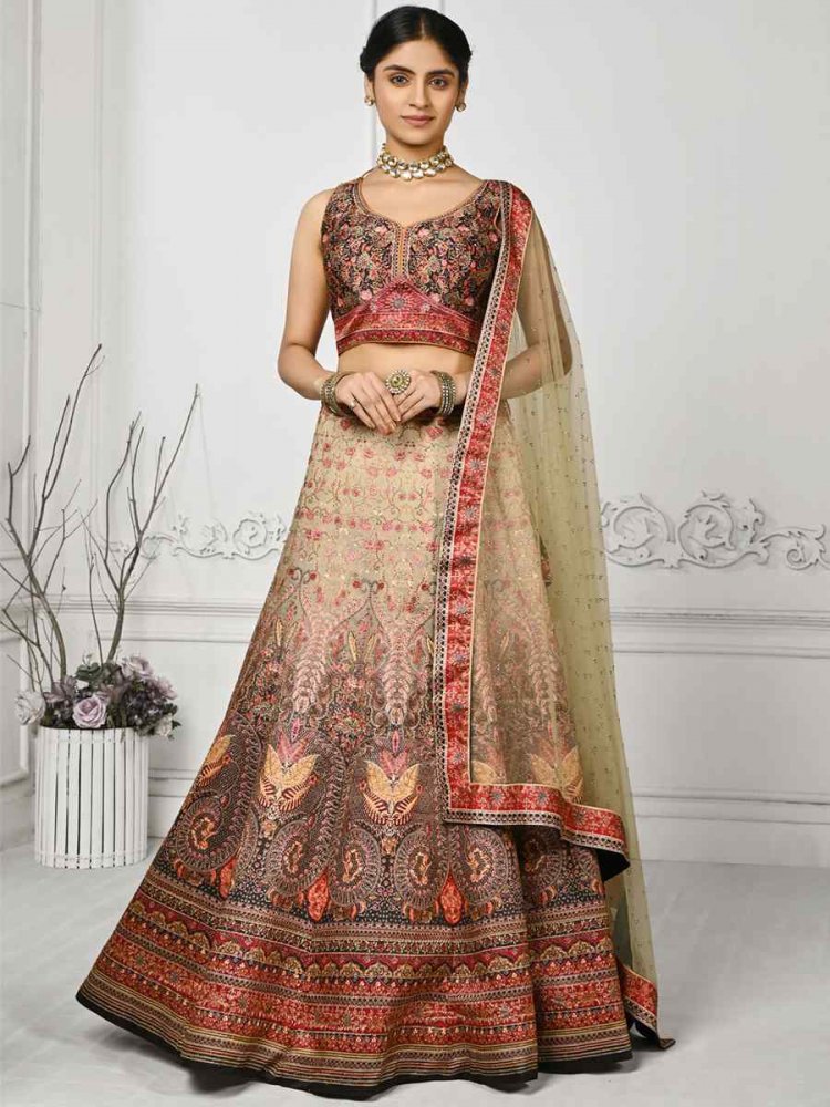 Multi Pure Satin Silk Embroidered Mehendi Festival Circular Lehenga Choli