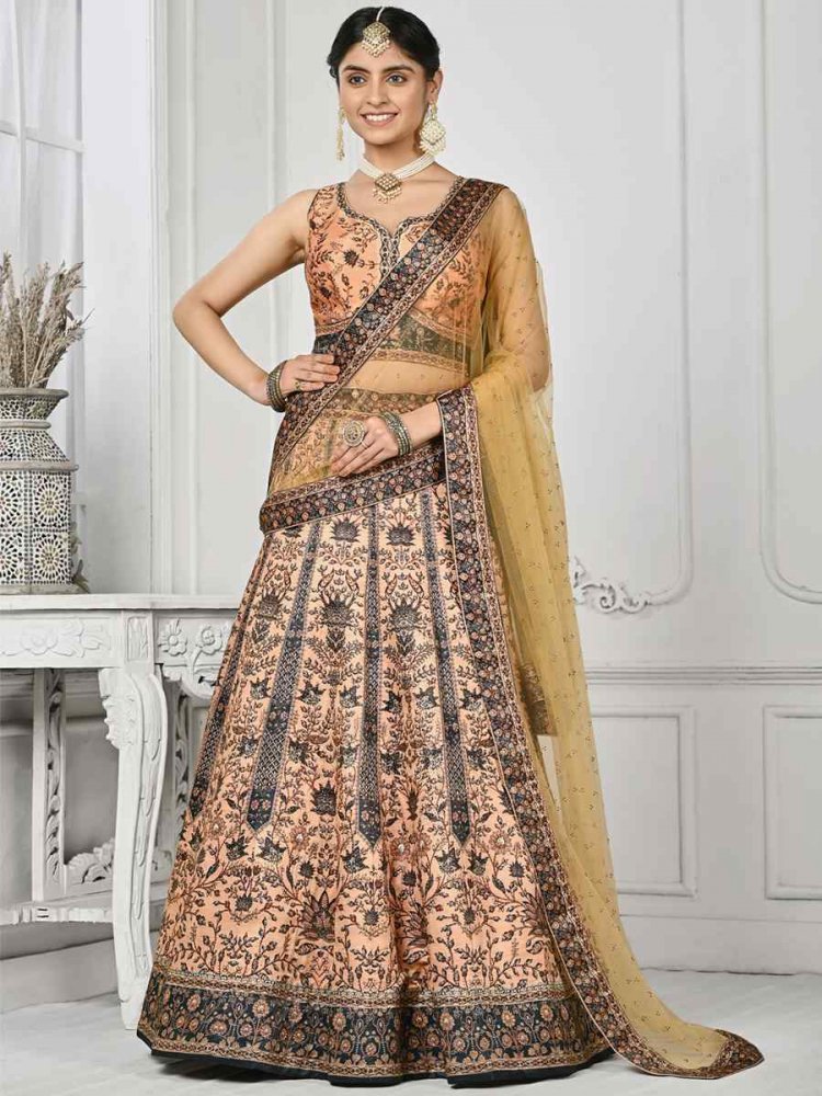 Multi Pure Satin Silk Embroidered Mehendi Festival Circular Lehenga Choli