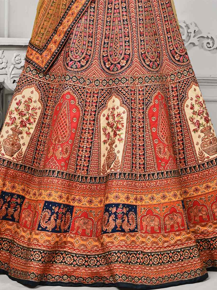 Multi Pure Satin Silk Embroidered Mehendi Festival Circular Lehenga Choli