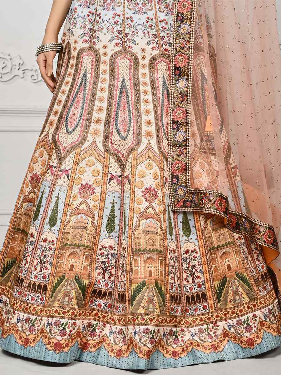 Multi Pure Satin Silk Embroidered Mehendi Festival Circular Lehenga Choli