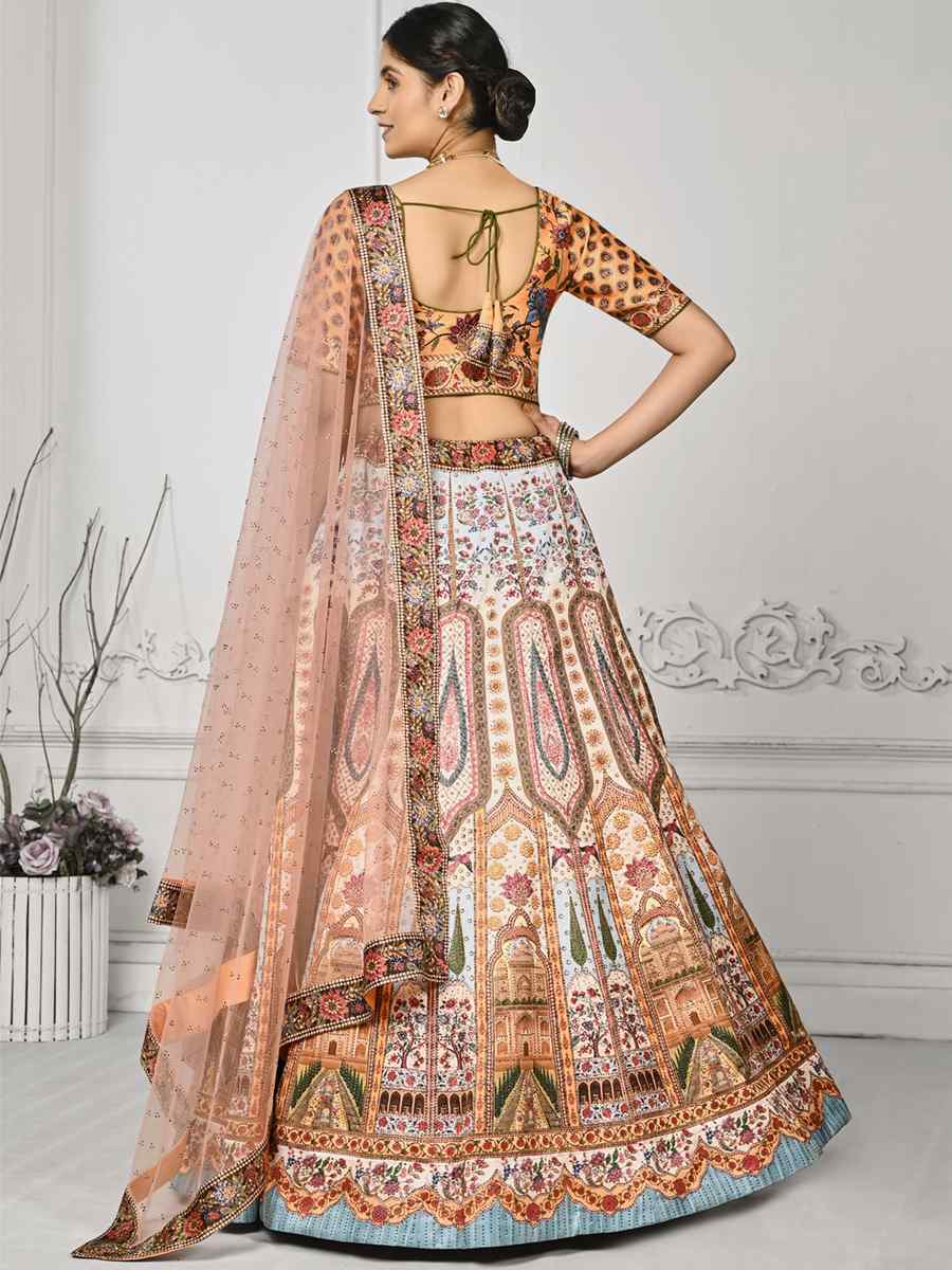 Multi Pure Satin Silk Embroidered Mehendi Festival Circular Lehenga Choli