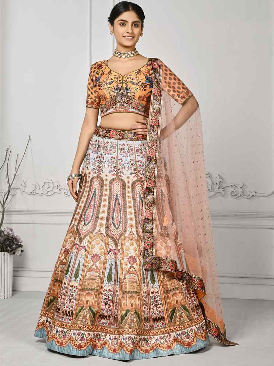 Multi Pure Satin Silk Embroidered Mehendi Festival Circular Lehenga Choli