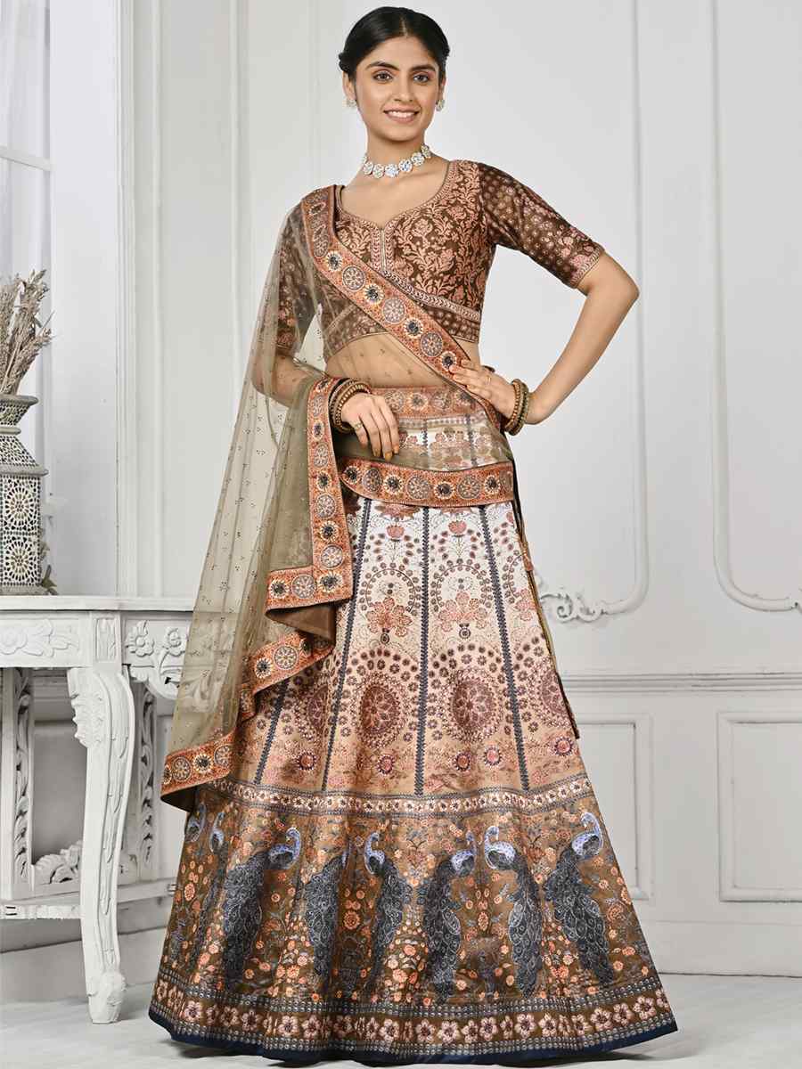 Multi Pure Satin Silk Embroidered Mehendi Festival Circular Lehenga Choli