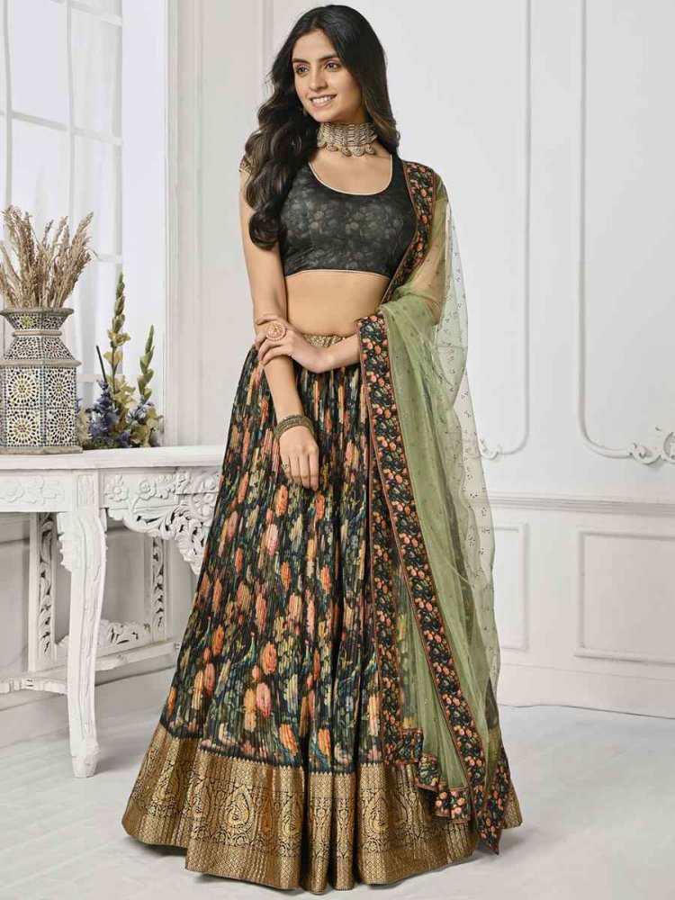 Multi Pure Silk Embroidered Mehendi Festival Circular Lehenga Choli