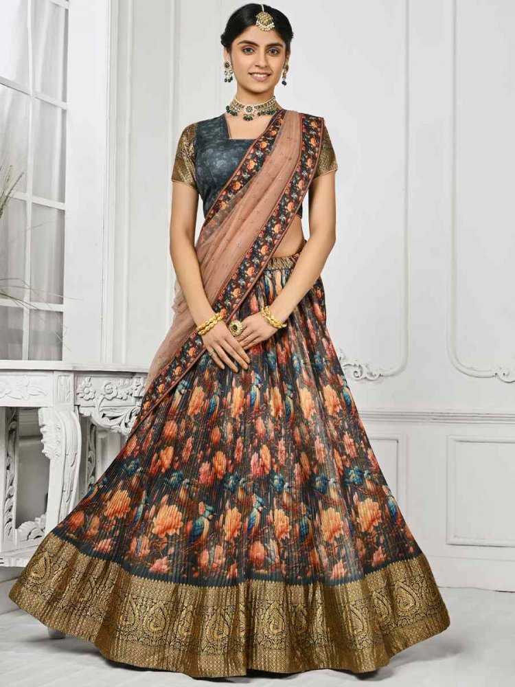 Multi Pure Silk Embroidered Mehendi Festival Circular Lehenga Choli